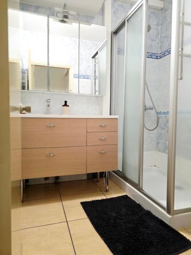 a bathroom with a sink and a shower with a mirror at Chambre B1 in Toulouse