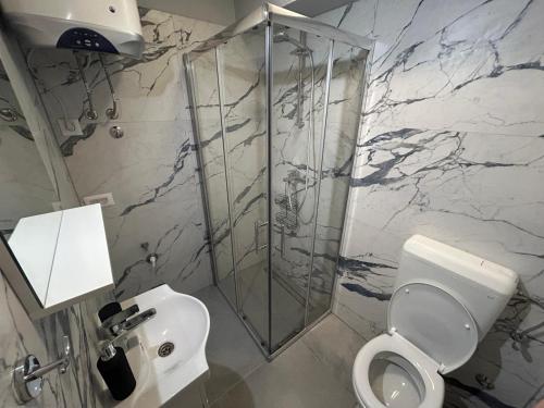 a bathroom with a shower and a white toilet at Ankora in Omiš