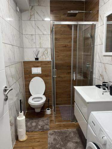 a bathroom with a shower and a toilet and a sink at ESEM stan na dan in Modriča