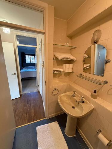 a bathroom with a sink and a mirror at Elegant 1-Bedroom Flat With Stunning Thames views in Kingston upon Thames