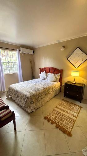 a bedroom with a bed and a lamp and a rug at 1 Bed Apt overlooking Rodney Bay in Gros Islet