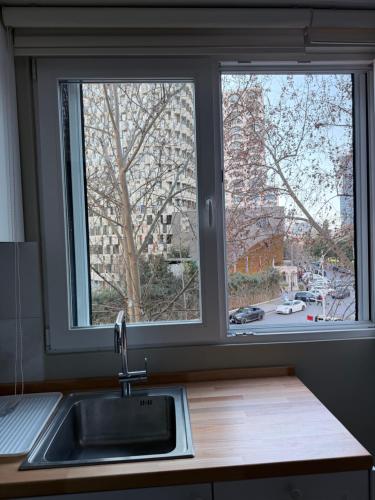 a kitchen with a sink and two windows at Trea Apartment in Tirana