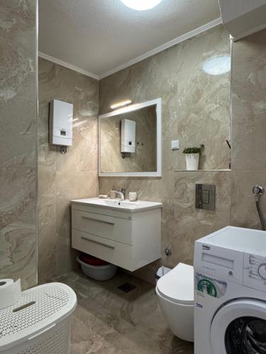 a bathroom with a sink and a toilet and a washing machine at Apartman 7 Foča in Foča