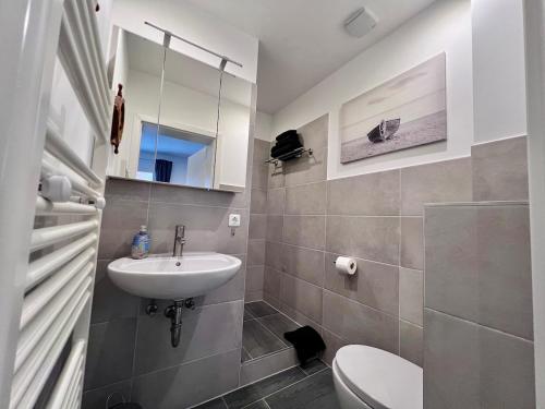a bathroom with a sink and a toilet and a mirror at Kleine Einraumwohnung am Fleth in Jork