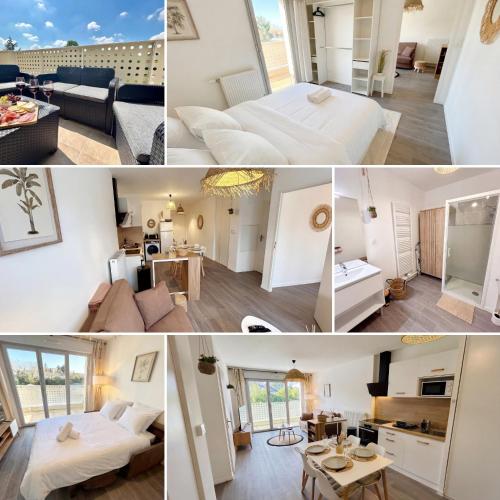 a collage of photos of a bedroom and a living room at Lumen Chartrain - appartement proche centre-ville, balcon et parking in Chartres