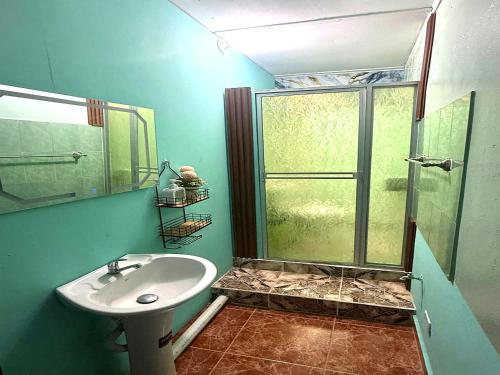 a blue bathroom with a sink and a shower at Ethlyn House in Bocas Town