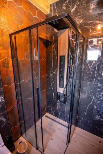 a shower with a glass door in a room at Vila Planinski Vuk Zlatar Nova Varoš in Vukovina