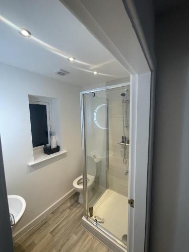 a bathroom with a shower and a toilet at blackburn home in Blackburn