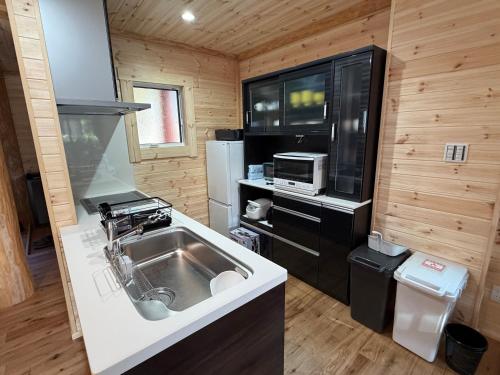 a kitchen with a sink and a microwave in a cabin at Villa Aso Otohime in Uchinomaki