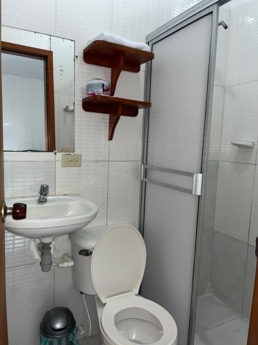 a bathroom with a toilet and a sink at Heliconias Hotel in Leticia