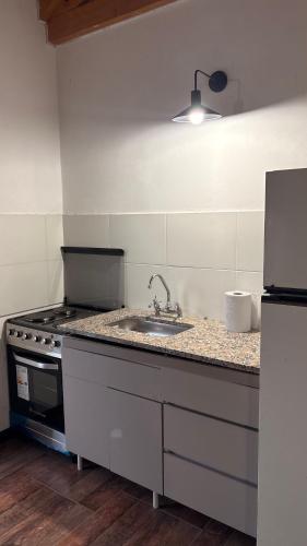 a kitchen with a sink and a stove at Quinta La Carlota in Navarro