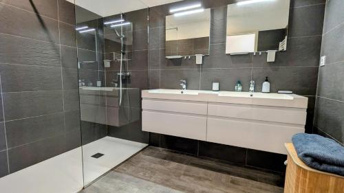 a bathroom with a sink and a glass shower at Villa l'Immortelle in Zonza