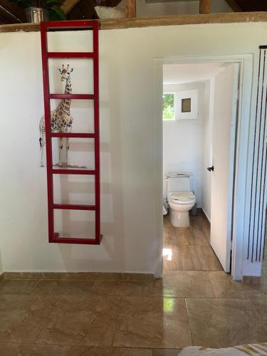 a bathroom with a toilet and a shelf with a giraffe on it at Dreamvilles Ecovillage Bed and Breakfast near Playa Aserradero in Las Galeras