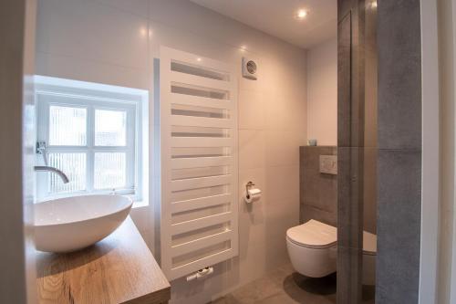 a bathroom with a sink and a toilet and a window at Unique tranquil spot with garden, centre Den Bosch in Den Bosch