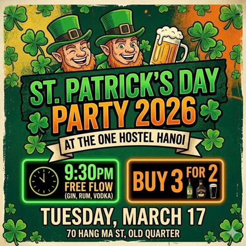 a flyer for a st patricks day party with two leprechauns at The One Hostel Hanoi in Hanoi