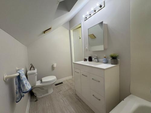 a bathroom with a toilet and a sink and a mirror at Restly an Elegant Home by Whyte Ave in Edmonton
