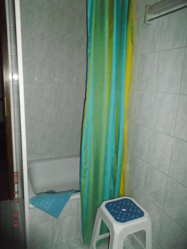 a bathroom with a shower curtain and a stool at Ferienhaushälfte Lütow in Lütow