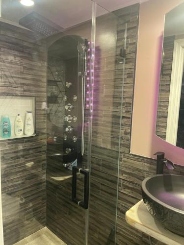 a bathroom with a glass shower and a sink at Private Paradise bk in Brooklyn