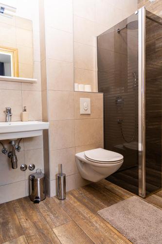 a bathroom with a shower and a toilet and a sink at Apartments R Sport boutique with free Parking in Sarajevo