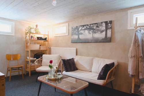 a living room with a couch and a table at Villa Rimppari täydellinen porukalle 9 hlö puusauna nuotiopaikka ja parkki in Oulu