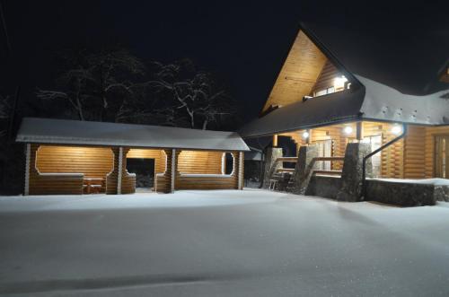 a house covered in snow at night at Sadyba Pikuy in Bilasovytsya