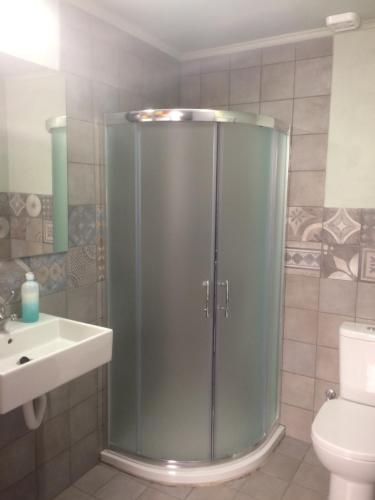 a bathroom with a shower and a sink and a toilet at Porta Di Marina in Chios