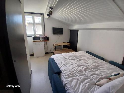 a bedroom with a large bed and a window at studio coralie in Saint-Flour