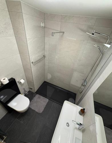 a bathroom with a toilet and a sink and a shower at Appartement Nendaz, bâtiment Diana in Nendaz