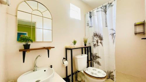 a bathroom with a toilet and a sink and a mirror at Modern House with Pool in Grand-Baie