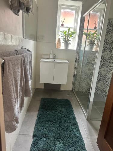 a bathroom with a shower and a sink and a green rug at Darlow Cottage in Wagga Wagga
