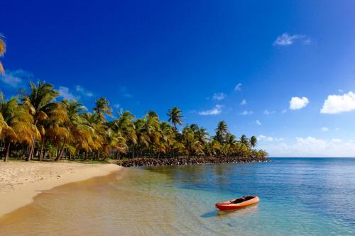 a boat in the water on a beach with palm trees at Curtain Bluff - All Inclusive in Old Road