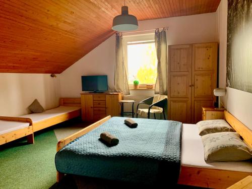a bedroom with two beds and a window at Aqualand Penzion - free parking in Poprad