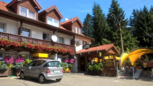 a silver car parked in front of a building at Penzion Pod Boubínem in Kubova Huť