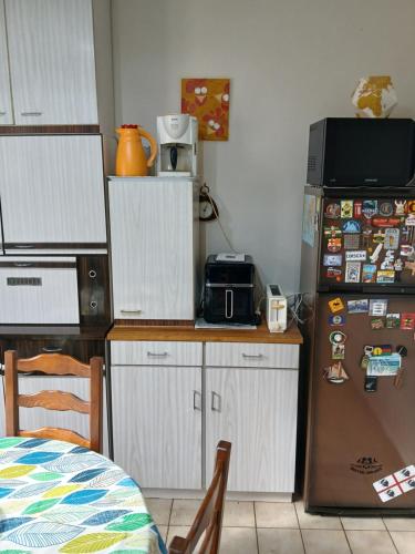 eine Küche mit einem Kühlschrank, an dem Magnete befestigt sind in der Unterkunft Liberation in Mulhouse