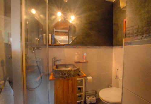 a bathroom with a sink and a shower and a toilet at Antares 507, au centre a Anzere in Anzère