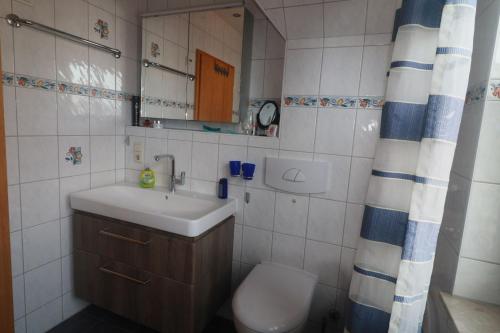 ein Badezimmer mit Waschbecken, Toilette und Spiegel in der Unterkunft FW Lehmann in Zingst