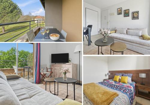 a collage of photos of a living room and a living room at T3 Piscine Classé 3, Park, Terrasse in Prayssac