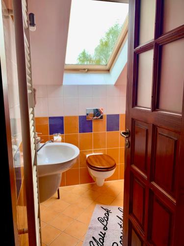 a bathroom with a toilet and a sink at Aqualand Penzion - free parking in Poprad