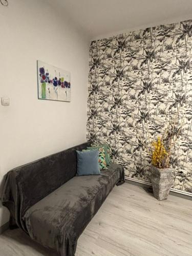 a couch in a living room with a wall at Studio in the center in Craiova