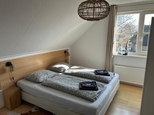 a bedroom with a bed in a room with a window at Duinvilla met sauna en whirlpool in Makkum