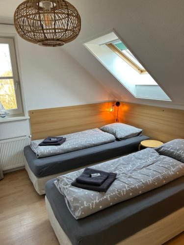 two twin beds in a room with a skylight at Duinvilla met sauna en whirlpool in Makkum