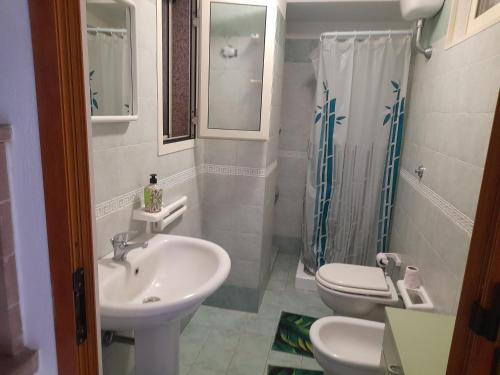 a bathroom with a sink and a toilet and a shower at Casafreccia in Carloforte