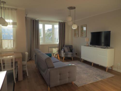a living room with a couch and a television at Apartament Secundus in Ełk