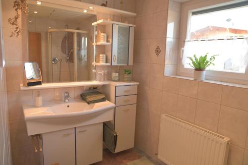 a bathroom with a sink and a mirror at Appartement Naunspitzblick in Ebbs