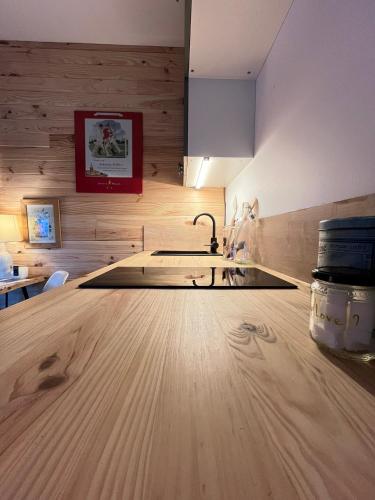a kitchen with a sink and a wooden floor at Grand Studio Cocon & Spa in Mosnay