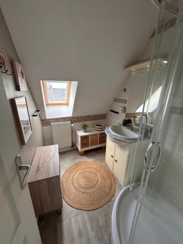 a small bathroom with a shower and a sink at Gîte de l horloge in Déols