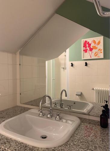 a bathroom with a sink and a large mirror at Top Lake View in Faggeto Lario 