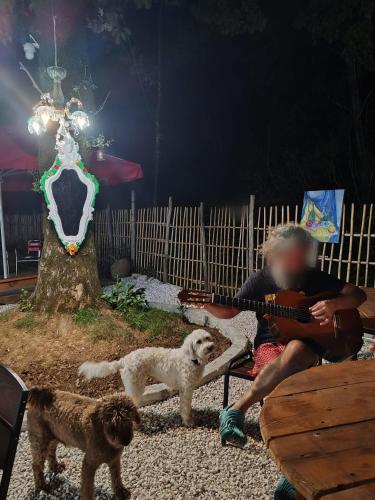 a woman playing a guitar next to a dog at Campsite under two oaks in Itʼkhvisi