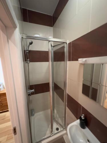 a bathroom with a shower and a sink at The Dharma Lodge in Enfield