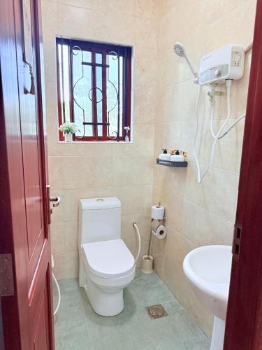 a bathroom with a toilet and a sink and a window at Lumora Homes in Arusha